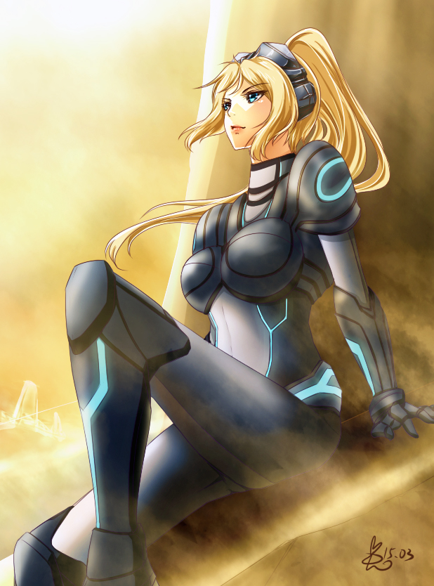 1girl blonde_hair blue_eyes bodysuit female_focus long_hair nova_(starcraft) ponytail rokugatsu_no_usagi sitting solo starcraft