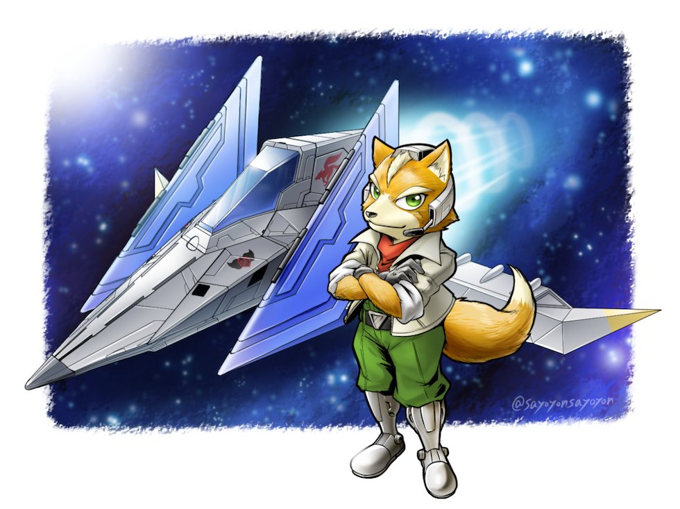 1boy animal_ears arwing crossed_arms fox_boy fox_ears fox_mccloud fox_tail full_body green_eyes green_pants nintendo orange_fur pants sayoyonsayoyo star_fox tail two-tone_fur yellow_fur