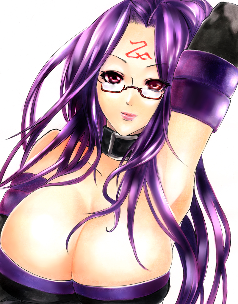 1girl arm_up armpits bad_id bad_pixiv_id bare_shoulders beniyaorin breasts cleavage collar detached_sleeves dress facial_mark fate/stay_night fate_(series) female_focus forehead_mark glasses huge_breasts lips long_hair medusa_(fate) medusa_(rider)_(fate) purple_hair red-framed_eyewear red_eyes simple_background sleeveless sleeveless_dress solo square_pupils strapless strapless_dress