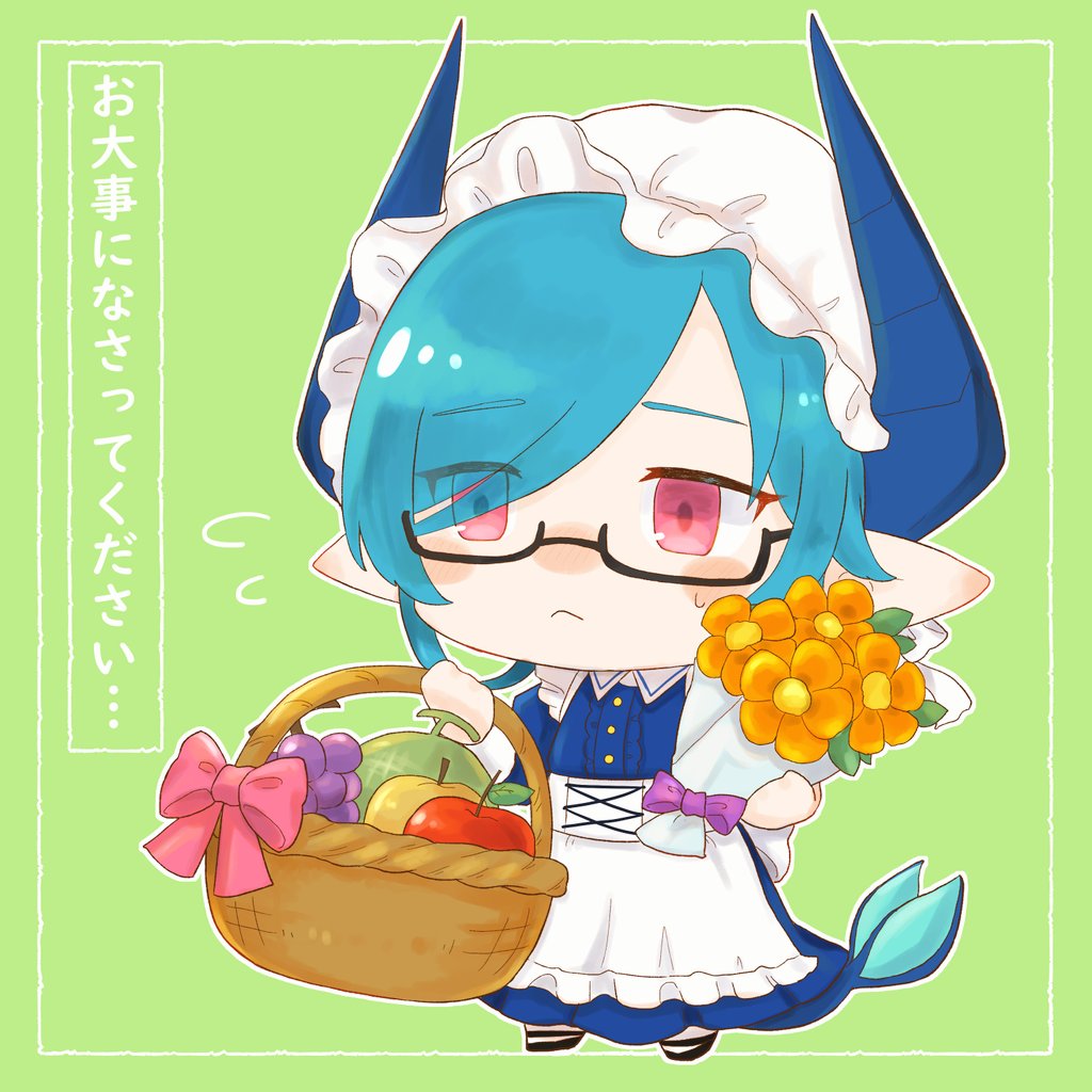 1girl apple basket blue_dress blue_hair bouquet chibi chibi_only closed_mouth dragon_girl dragon_horns dragon_tail dress flower flying_sweatdrops food fruit full_body glasses golden_apple grapes green_background holding holding_basket holding_bouquet horns katou_hsm153 melon melusine_(housamo) pink_eyes pointy_ears solo tail tokyo_houkago_summoners translation_request