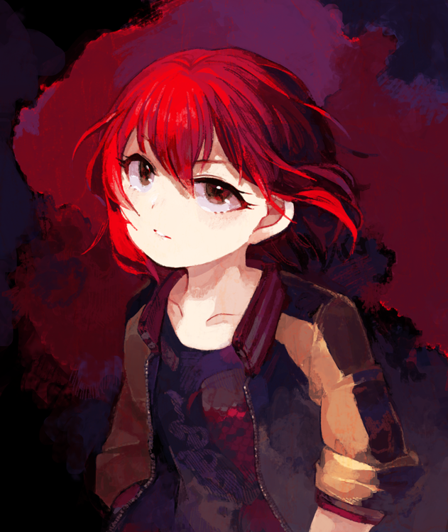 1girl expressionless idolmaster idolmaster_cinderella_girls jacket looking_at_viewer murakami_tomoe open_clothes open_jacket red_eyes red_hair sasasasa short_hair solo upper_body