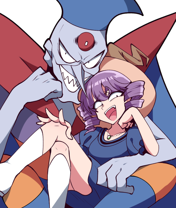 1boy 1girl alien black_eyes blue_dress blue_skin chargeman_ken! closed_mouth colored_skin crossed_legs dress drill_hair evil_smile hat hitomi_(chargeman_ken!) jewelry looking_at_viewer maou_(chargeman_ken!) menattou necklace open_mouth purple_hair sharp_teeth smile smiley_face teeth witch_hat