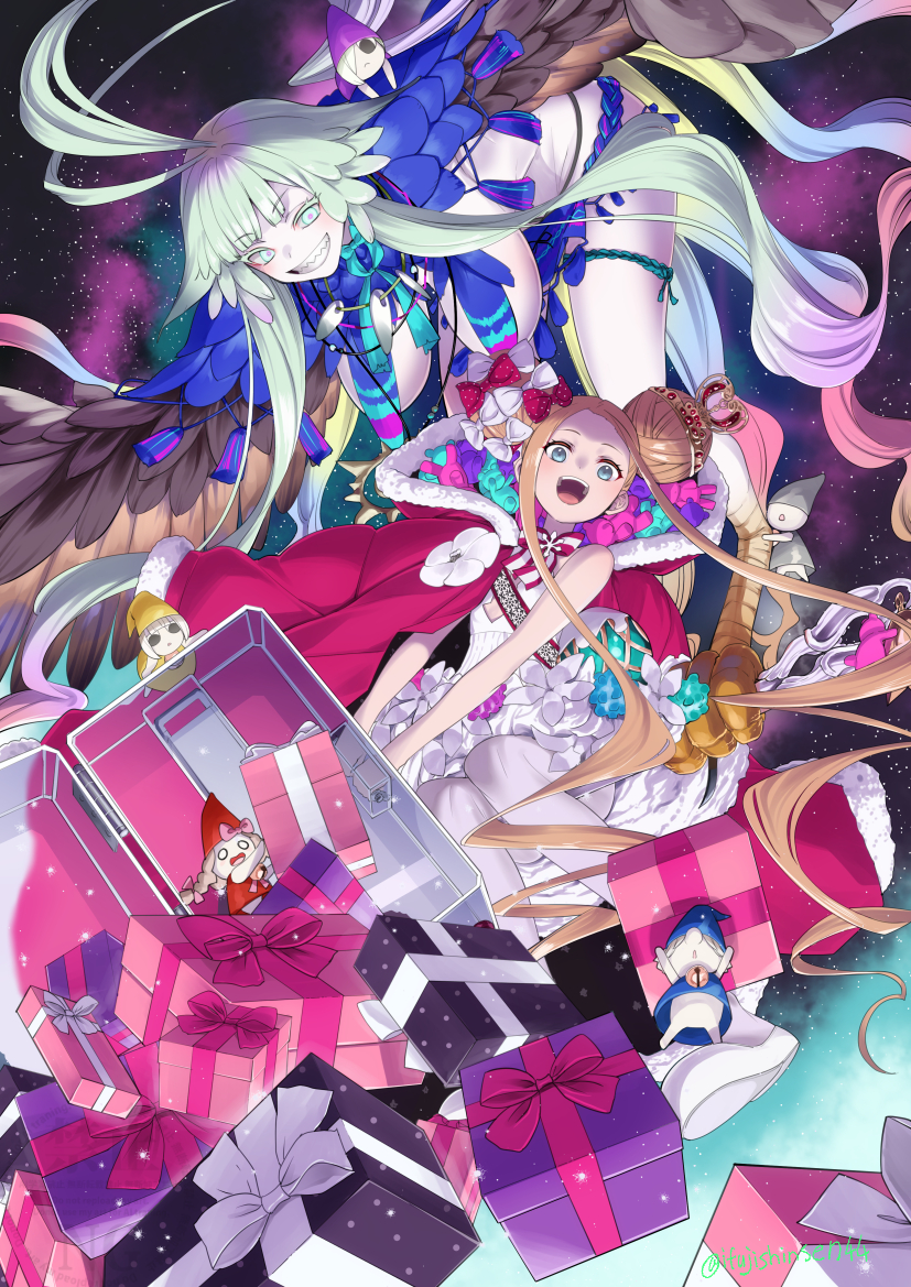 2girls abigail_williams_(fate) abigail_williams_(santa)_(fate) ahoge bare_shoulders bird_legs blonde_hair blue_eyes blush bow box breasts cloak double_bun dress fate/grand_order fate_(series) feathered_wings feathers forehead fur-trimmed_cloak fur_trim gift gift_box grin hair_bow hair_bun harpy ifuji_shinsen jewelry large_breasts loincloth long_hair looking_at_viewer louhi_(fate) louhi_(third_ascension)_(fate) monster_girl multiple_girls necklace open_mouth pantyhose parted_bangs red_bow red_cloak sash sharp_teeth sidelocks small_breasts smile stuffed_animal stuffed_toy suitcase teddy_bear teeth thighs tiara very_long_hair white_bow white_dress white_eyes white_hair white_pantyhose winged_arms wings