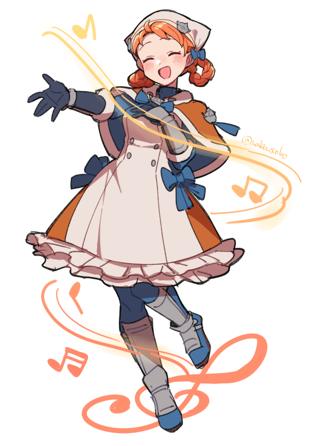 1girl annette_fantine_dominic artist_name braid do_m_kaeru dress fire_emblem fire_emblem:_three_houses fire_emblem_warriors:_three_hopes gloves music musical_note nintendo official_alternate_costume official_alternate_hairstyle orange_hair singing smile solo twin_braids vambraces white_background white_dress