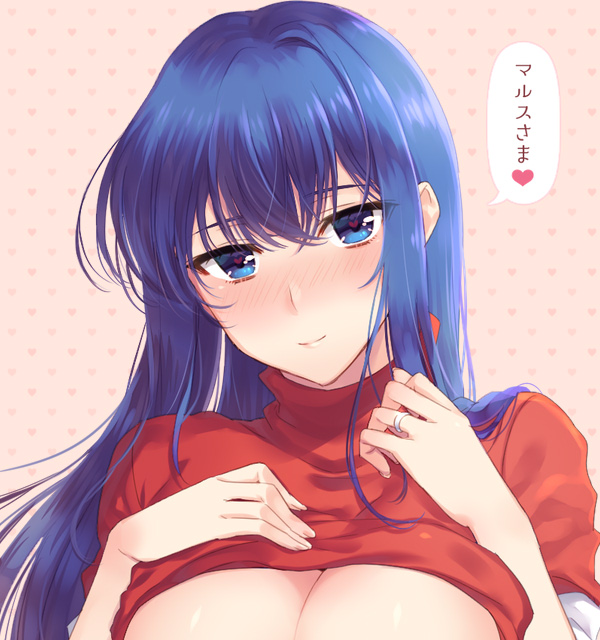 1girl awayuki_ramika bad_id bad_pixiv_id blue_eyes blue_hair blush breasts caeda_(fire_emblem) cleavage close-up clothes_lift fire_emblem fire_emblem:_mystery_of_the_emblem full-face_blush hair_between_eyes hand_on_own_chest heart heart-shaped_pupils heart_background jewelry large_breasts long_hair looking_at_viewer nintendo portrait ring shirt_lift short_sleeves simple_background smile solo speech_bubble spoken_heart symbol-shaped_pupils translation_request