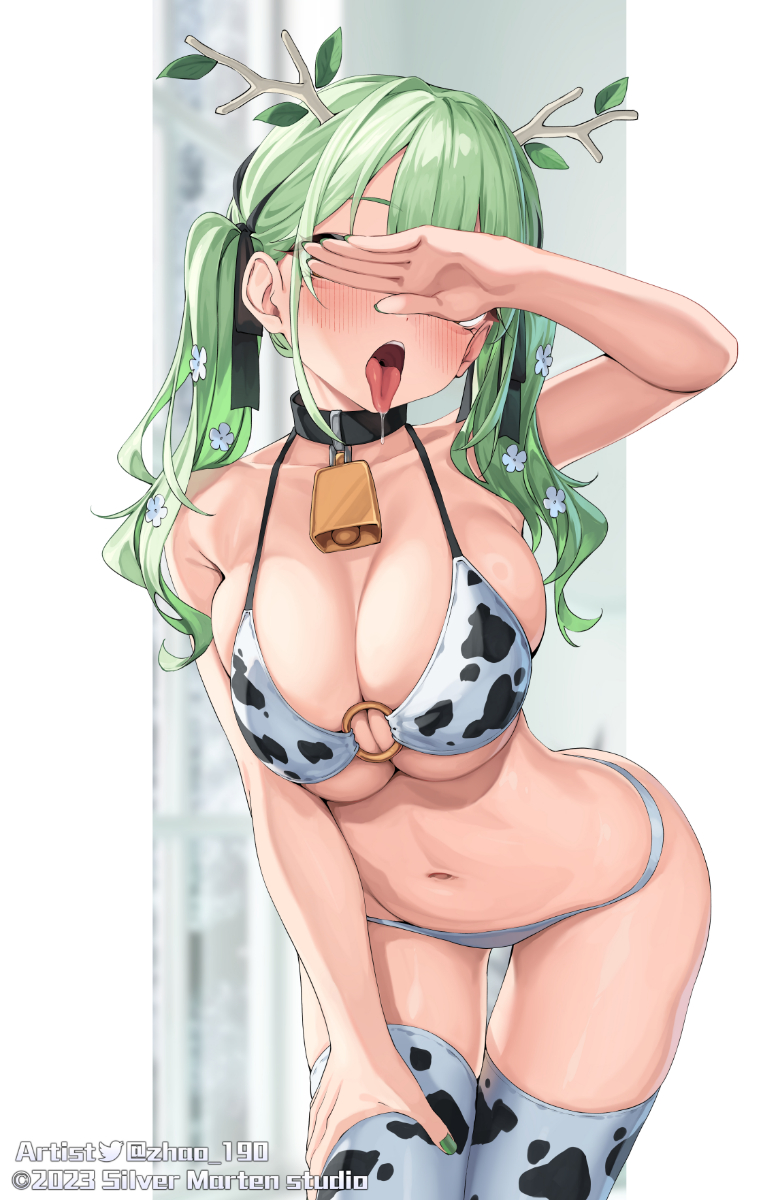 1girl animal_print antlers arm_up banned_artist bell bikini black_collar blush breasts ceres_fauna cleavage collar collarbone covering_own_eyes cow_print cow_print_bikini cow_print_thighhighs cowbell flower green_hair green_nails hair_flower hair_ornament hair_ribbon highres hololive hololive_english horns large_breasts leaf leaning_forward long_hair looking_at_viewer navel neck_bell open_mouth print_bikini print_thighhighs ribbon saliva solo stomach swimsuit thighhighs tongue tongue_out twintails virtual_youtuber zhao_190