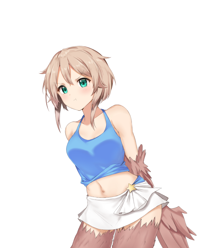 1girl armpits arms_behind_back blue_tank_top blush breasts closed_mouth commentary dinosaurus_(azimangasaurus) english_commentary existence feathered_wings game_cg green_eyes hair_between_eyes harpy kari_(existence) light_brown_hair looking_at_viewer medium_breasts midriff monster_girl navel pout skirt smile solo standing tank_top tearing_up transparent_background v-shaped_eyebrows white_skirt winged_arms wings