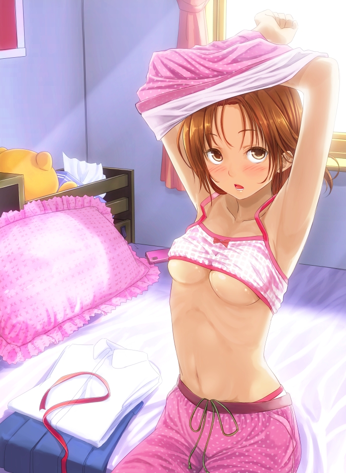 1girl armpits arms_up bad_id bad_pixiv_id bed blush bra breasts brown_eyes brown_hair camisole cellphone curtains female_focus frilled_pillow frills looking_at_viewer navel open_mouth original pajamas pants phone pillow ribbon ribs school_uniform short_hair sitting solo stomach stuffed_animal stuffed_toy teddy_bear tissue tissue_box training_bra underboob underwear undressing window yoropa