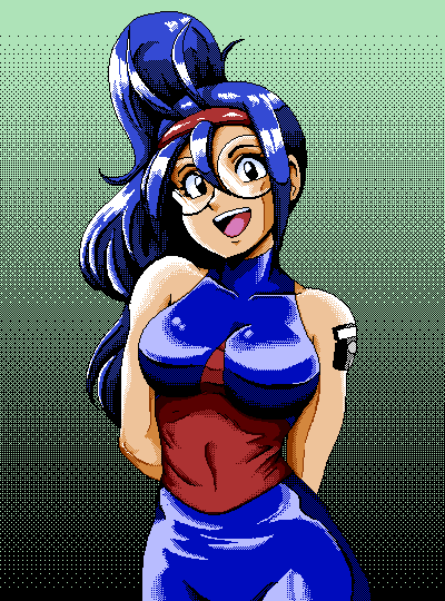 1girl :d ahoge arm_tattoo arms_behind_back bare_shoulders black_eyes blue_hair breasts covered_navel cowboy_shot floppy_disk gradient_background hair_between_eyes hairband high_ponytail long_hair medium_breasts open_mouth original pc-98_(style) ponytail red_hairband sid_(tedbob84) sidelocks smile tattoo tedbob84