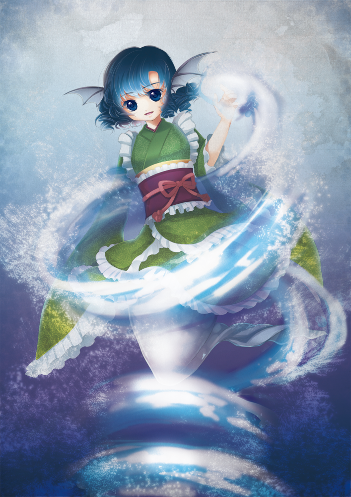 1girl animal_ears bad_id bad_pixiv_id blue_eyes blue_hair drill_hair female_focus fins head_fins japanese_clothes kaito_(kaixm) kimono long_sleeves matching_hair/eyes mermaid monster_girl obi open_mouth sash short_hair smile solo touhou wakasagihime water wide_sleeves