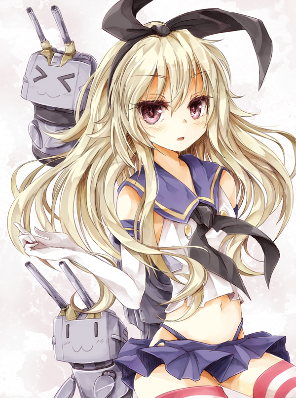 10s 1girl bad_id bad_pixiv_id blush detached_sleeves eyelashes gloves hair_ornament hair_ribbon harapekopikachu kantai_collection long_hair looking_at_viewer machinery microskirt midriff navel open_mouth rensouhou-chan ribbon shimakaze_(kancolle) shirt skirt socks solo striped_clothes striped_socks striped_thighhighs thighhighs turret