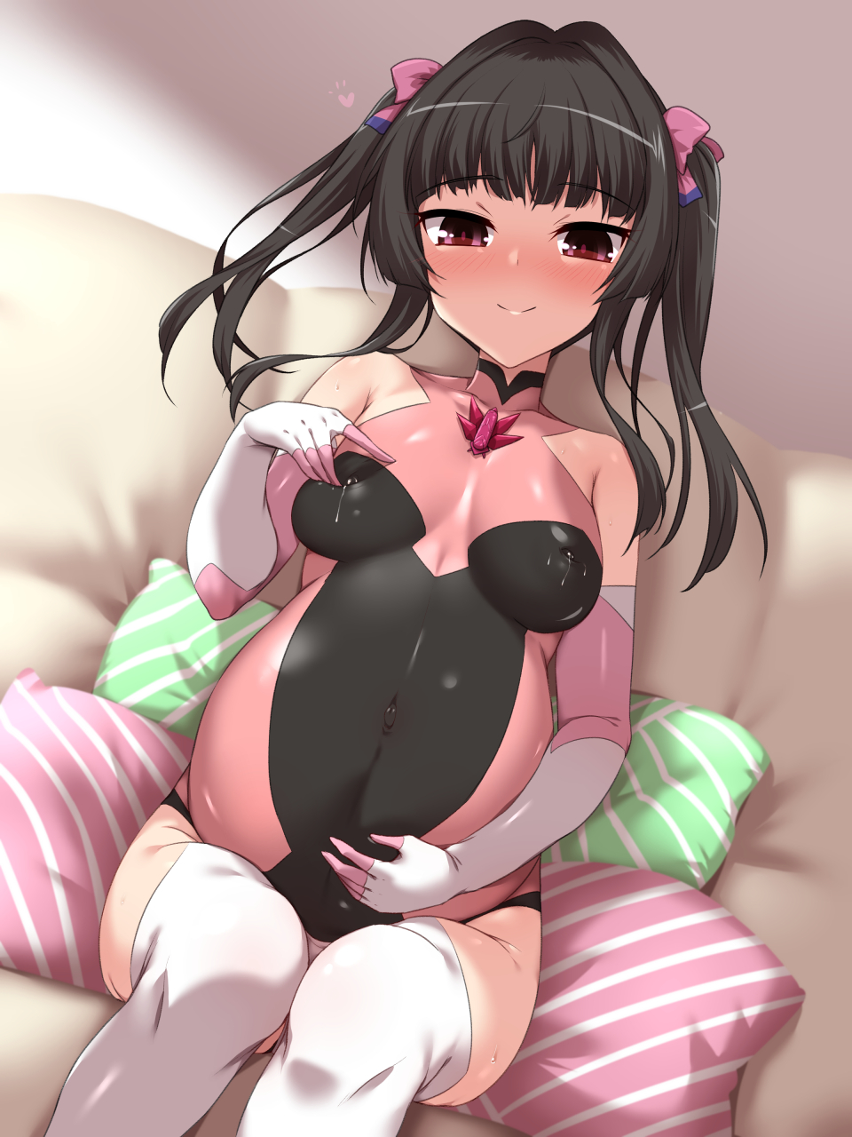 1girl belly_grab black_hair blush bodysuit breasts closed_mouth couch covered_navel elbow_gloves gloves grabbing_own_breast hair_ribbon highres indoors lactation large_breasts long_hair looking_at_viewer on_couch pillow pregnant red_eyes ribbon senki_zesshou_symphogear sitting smile solo thighhighs tsukuyomi_shirabe twintails white_thighhighs yoshi_tama