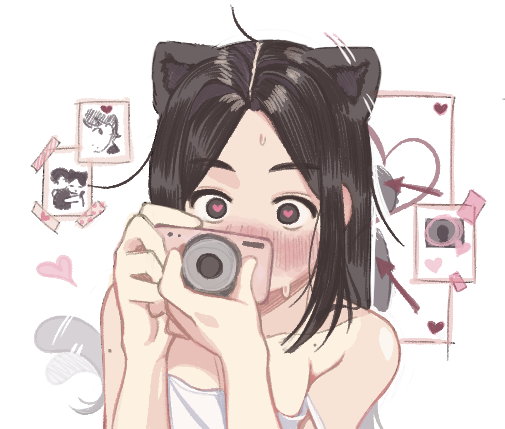 1girl animal_ears black_hair camera camisole cat_ears cat_girl cat_tail collarbone commentary heart heart-shaped_pupils holding holding_camera lisa_(faeuna) original photo_(object) solo sweatdrop symbol-shaped_pupils tail taking_picture upper_body white_camisole