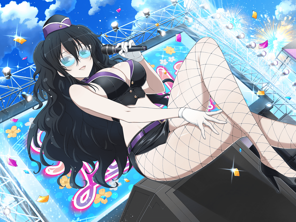 black_hair breasts cleavage fishnet_pantyhose fishnets fubuki_(senran_kagura) high_heels large_breasts microphone midriff miniskirt official_art pantyhose senran_kagura senran_kagura_new_link sitting skirt small_hat smile sunglasses