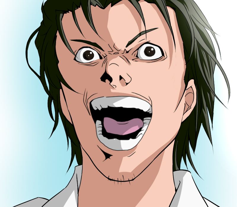 1boy angry black_hair death_note drawfag facial_hair male_focus miyano_mamoru non-web_source okabe_rintarou parody voice_actor_connection short_hair solo steins;gate stubble yagami_light