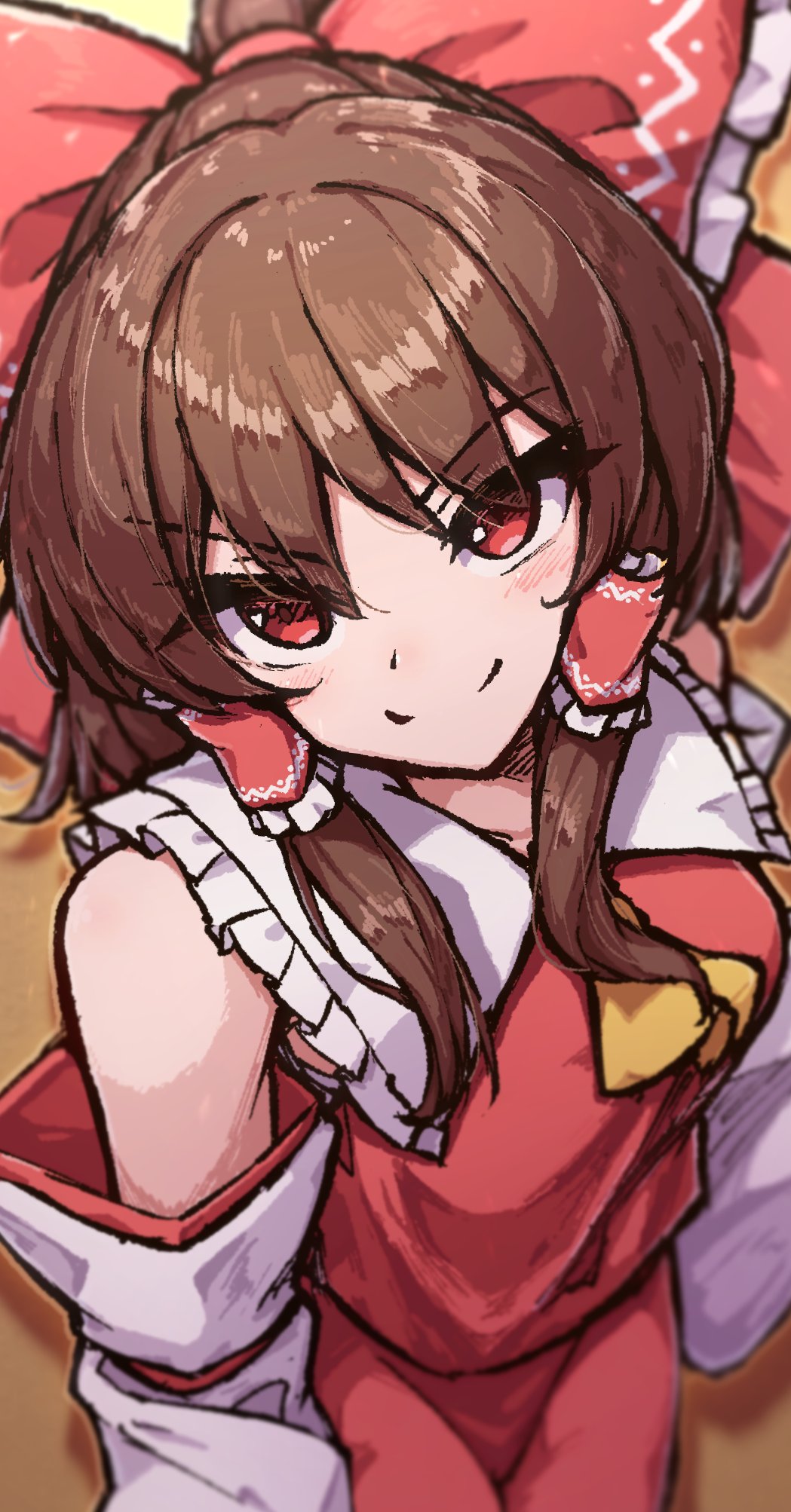 &gt;:) 1girl ascot blurry bow breasts brown_hair collar collared_shirt commentary_request cowboy_shot depth_of_field detached_sleeves frilled_bow frilled_collar frilled_hair_tubes frills hair_bow hair_tubes hakurei_reimu highres light_blush long_hair looking_at_viewer red_bow red_eyes red_shirt red_skirt shirt skirt small_breasts smile solo touhou v-shaped_eyebrows yellow_ascot yosshy