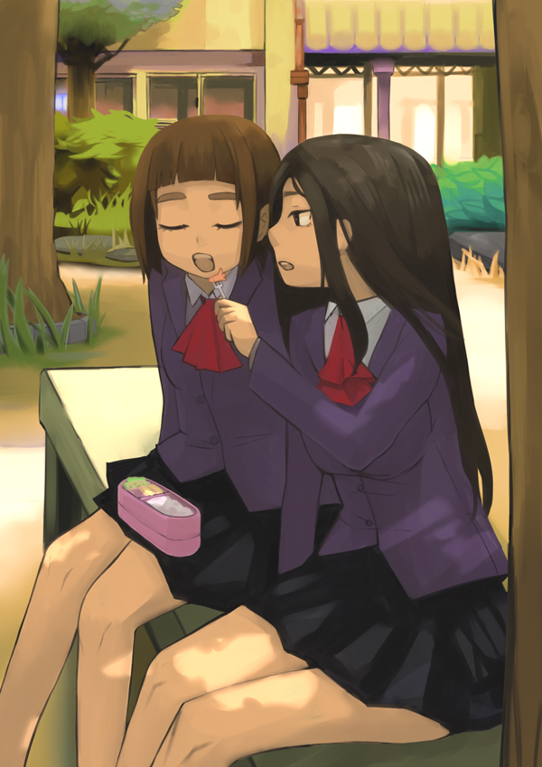 2girls bad_id bad_pixiv_id black_hair brown_hair eyebrows closed_eyes food long_hair multiple_girls open_mouth school_uniform sharekoube sitting