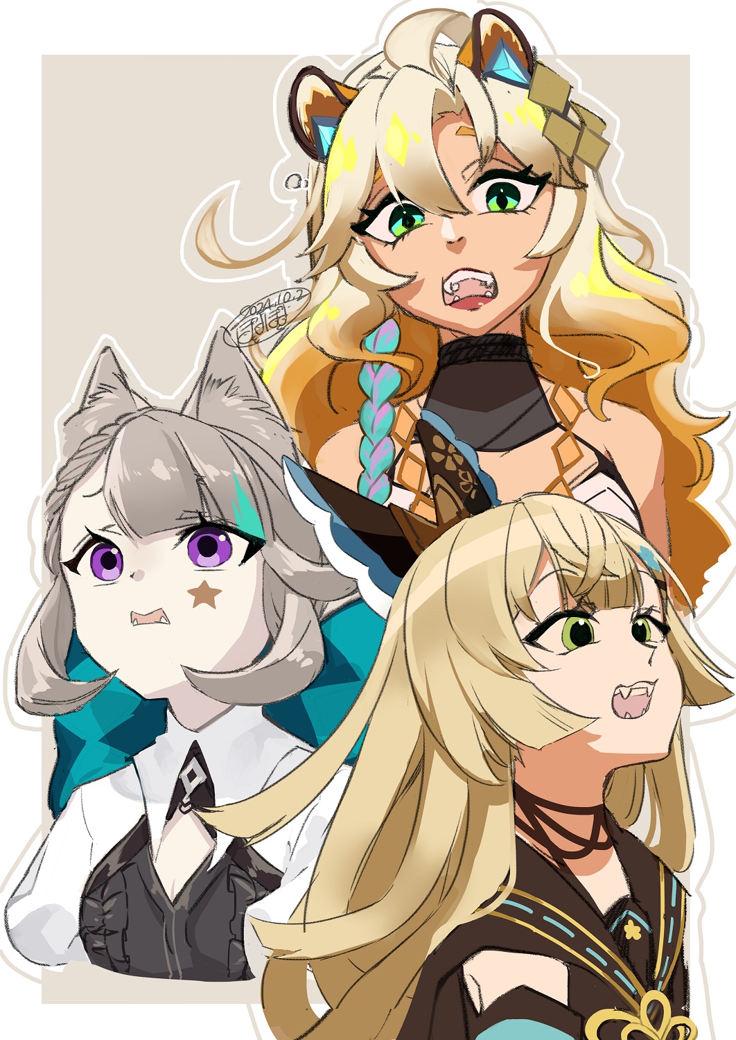 3girls animal_ears blonde_hair bow braid cat_ears cropped_arms cropped_torso dated double-parted_bangs eyebrows_hidden_by_hair facial_mark fangs furrowed_brow genshin_impact green_eyes grey_hair hair_between_eyes hair_bow hair_ornament highres kirara_(genshin_impact) lipstick long_hair lynette_(genshin_impact) makeup mikojin_(pixiv2713884) multicolored_hair multiple_girls open_mouth orange_hair pale_skin parted_bangs purple_eyes side_braid single_braid tan upper_body xilonen_(genshin_impact)