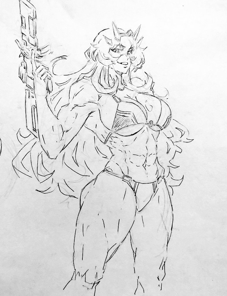 abs arm_up barghest_(fate) barghest_(swimsuit_archer)_(fate) bikini breasts cleavage fate/grand_order fate_(series) gun holding holding_gun holding_weapon horns large_breasts long_hair muscular muscular_female navel rakusakugk sketch smile swimsuit thick_thighs thighs very_long_hair weapon