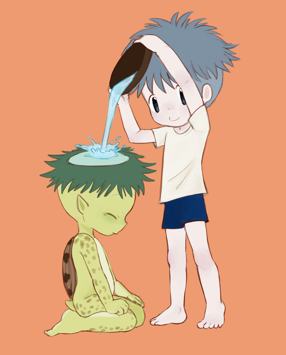 2boys blue_shorts bowl fawnmoth green_hair grey_hair highres holding holding_bowl kappa kappa_(kappa_no_sanpei) kappa_no_sanpei male_focus multiple_boys on_floor pouring_onto_another sanpei_(kappa_no_sanpei) shorts standing turtle_shell undershirt water