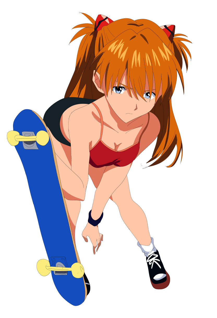 1girl :/ bare_legs bare_shoulders black_shorts blue_eyes breasts breasts_squeezed_together casual full_body highres jaaaan long_hair looking_at_viewer micro_shorts neon_genesis_evangelion no_bra orange_hair shoes shorts simple_background skateboard sneakers solo souryuu_asuka_langley standing tsundere very_long_hair white_background