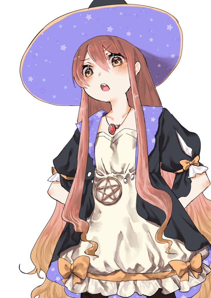 1girl :o arms_behind_back atelier_(series) atelier_escha_&amp;_logy brown_eyes brown_hair commentary_request cowboy_shot dress frilled_dress frills hair_between_eyes hat jewelry kona_(atrkona) long_hair looking_at_viewer necklace open_mouth pentacle print_headwear puffy_short_sleeves puffy_sleeves short_sleeves sidelocks simple_background solo standing star_(symbol) star_print very_long_hair white_background wilbell_voll-ersleid witch witch_hat