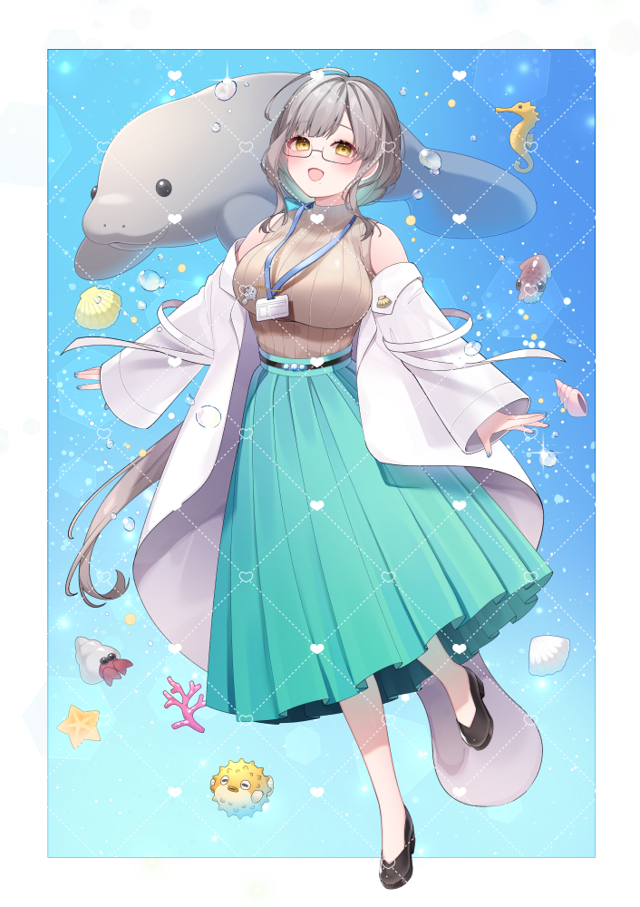 1girl :d bare_shoulders black_footwear blue_skirt blush breasts brown_shirt chitetan commentary_request conch dotted_line fish full_body glasses grey_hair heart hermit_crab indie_virtual_youtuber lab_coat large_breasts long_hair manatee natia_sirene off_shoulder open_clothes open_mouth pleated_skirt puffer_fish ribbed_shirt seahorse seashell semi-rimless_eyewear shell shirt shoes skirt smile solo squid twitter_username under-rim_eyewear very_long_hair virtual_youtuber water watermark yellow_eyes