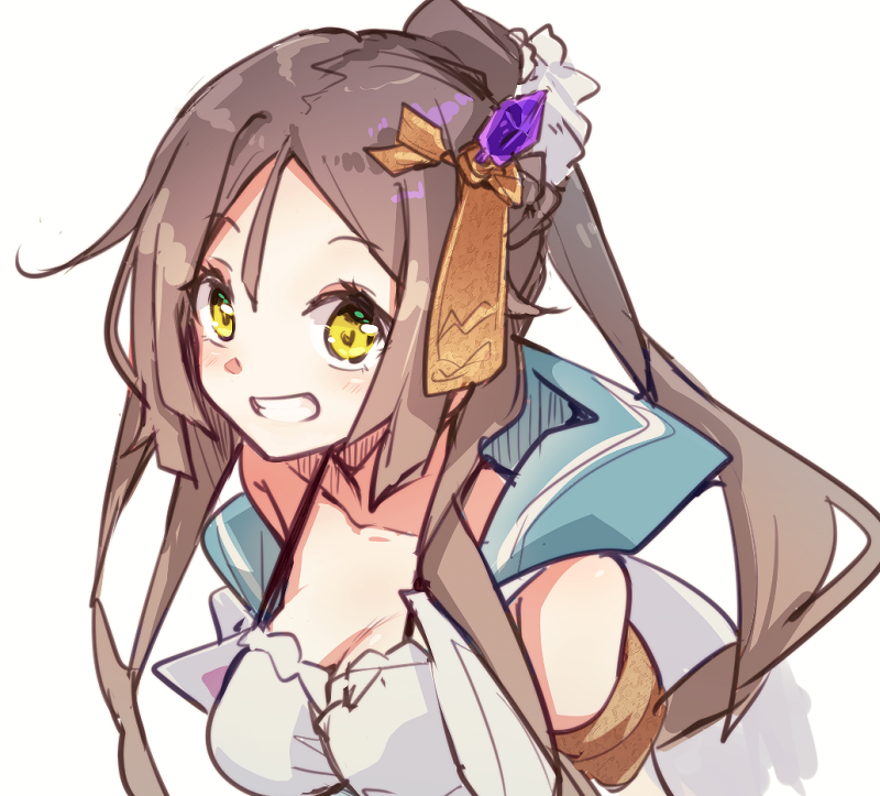 1girl atelier_(series) atelier_lydie_&amp;_suelle breasts brown_hair cleavage commentary_request firis_mistlud grin hair_ornament hood hood_down karasumi_(aiseec) long_hair looking_at_viewer open_mouth ponytail shirt simple_background smile solo upper_body white_background white_shirt yellow_eyes