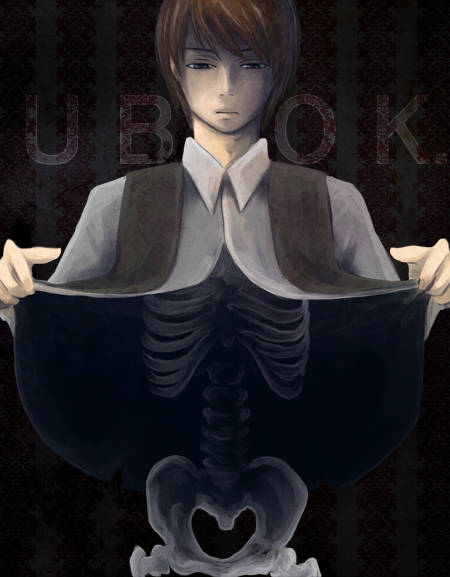 1boy bad_id bad_pixiv_id brown_hair clothes_lift copyright_name ebata_(e6a) eric_(ubok.) expressionless male_focus shirt_lift skeleton solo ubok.