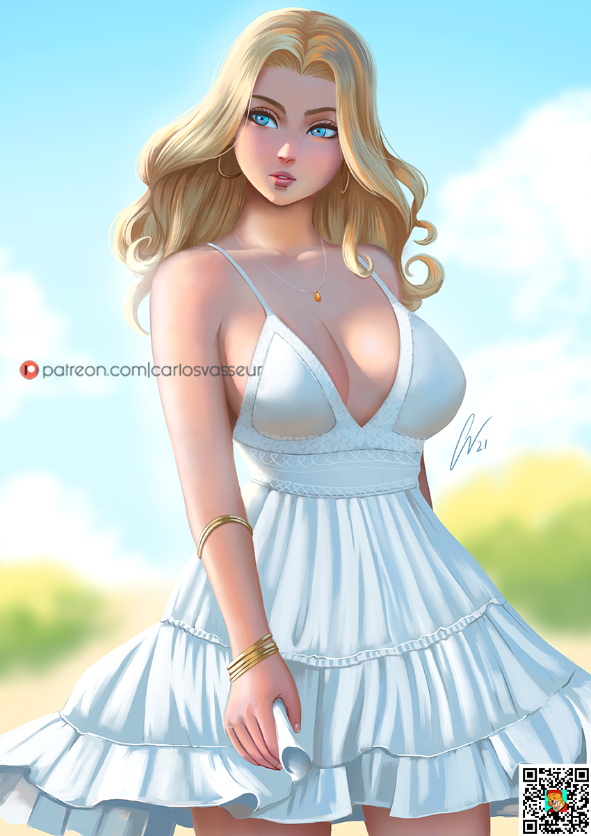 1girl bare_shoulders blonde_hair blue_eyes bracelet breasts cleavage dress earrings geravass head_tilt highres jewelry looking_to_the_side necklace original parted_bangs parted_lips pink_lips solo spaghetti_strap thick_lips white_dress