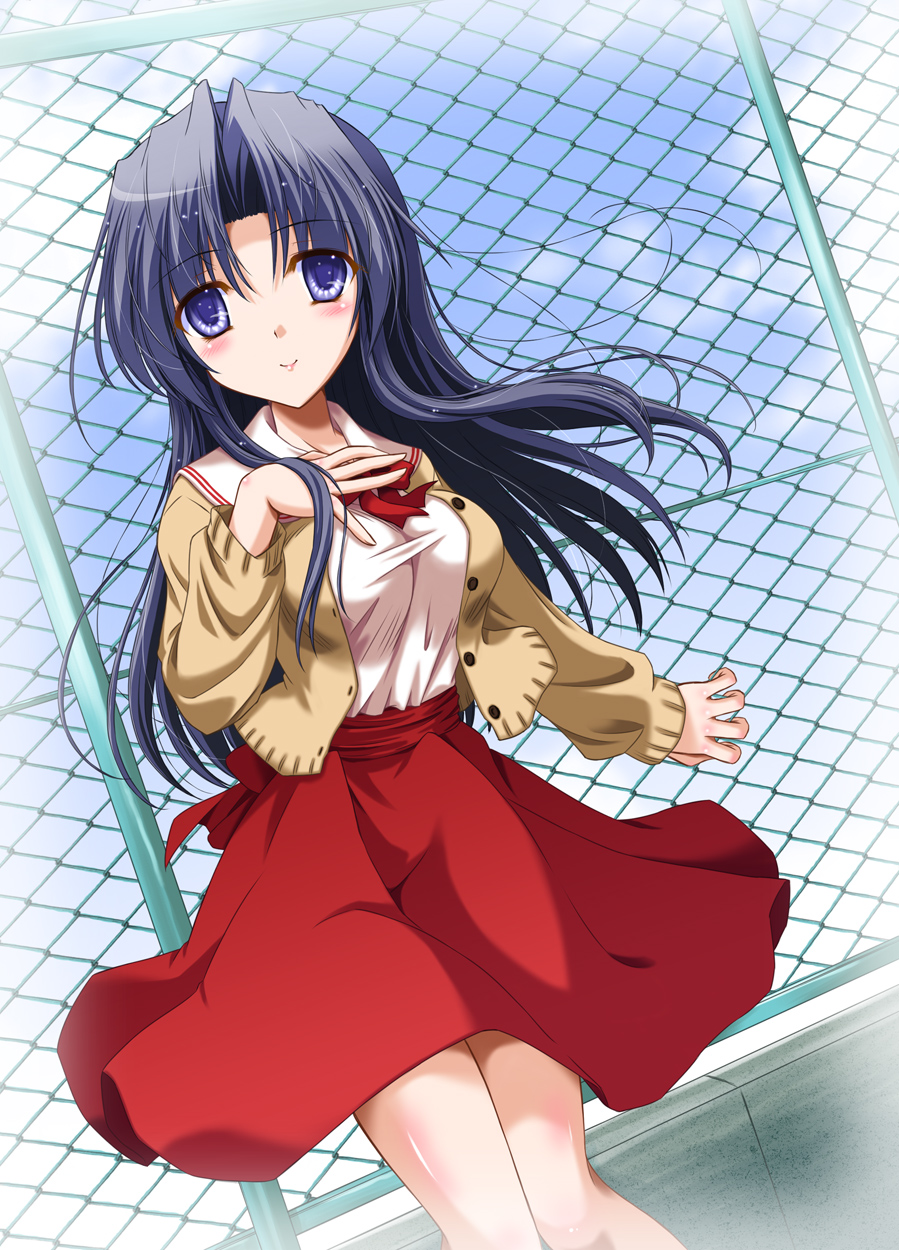 00s 1girl blue_eyes blue_hair bow chain-link_fence dress_shirt fence hair_in_own_mouth highres kawana_misaki looking_at_viewer matching_hair/eyes one_-_kagayaku_kisetsu_e school_uniform shirt skirt smile solo yamu_(reverse_noise)