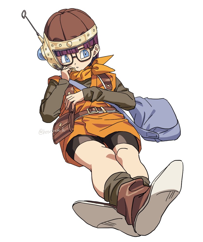 1girl antennae bag belt belt_bag belt_buckle bike_shorts black_shorts blue_eyes blunt_bangs boots brown_belt brown_footwear buckle chrono_trigger crossed_legs full_body glasses grey_shirt grey_socks headset helmet hosodayo long_sleeves lucca_ashtear lying neckerchief on_back orange_neckerchief orange_tunic parted_lips purple_hair shirt short_hair shorts shoulder_bag socks solo tunic twitter_username white_background