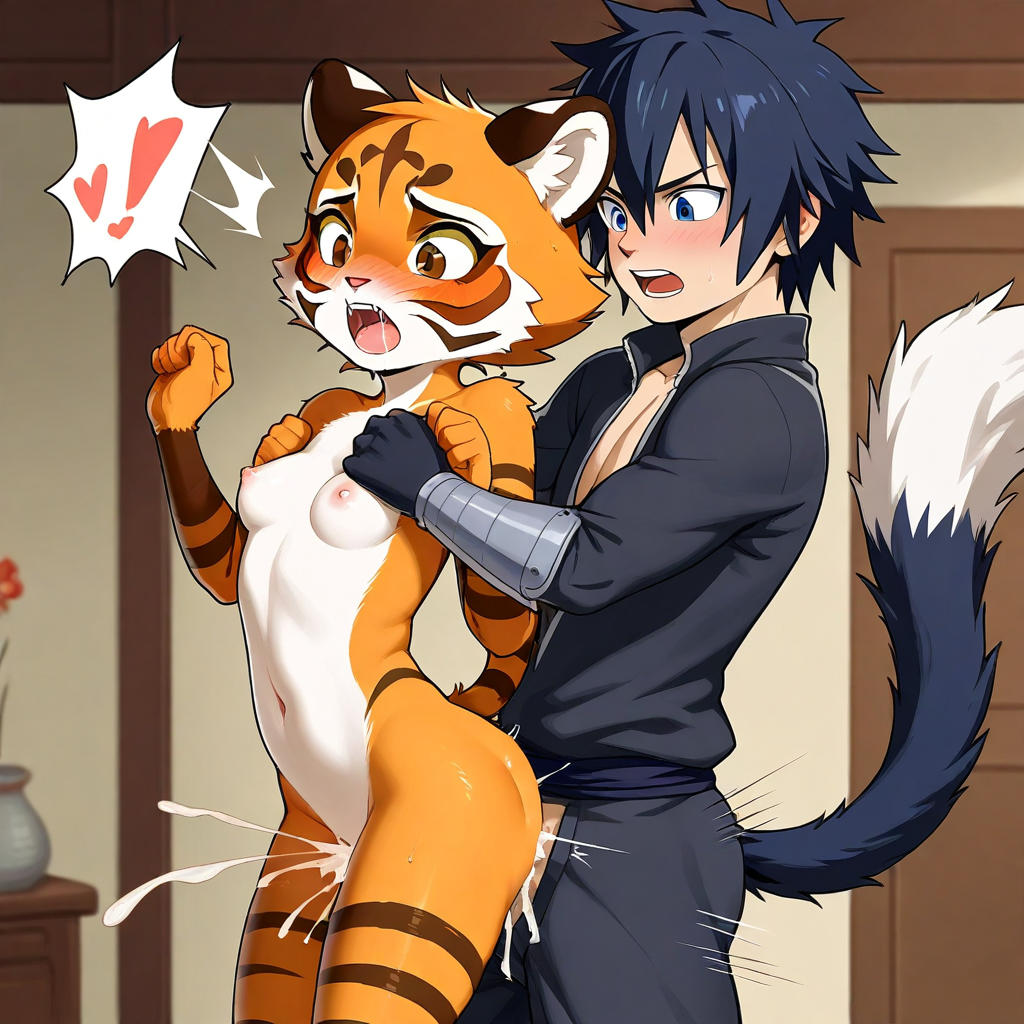 1boy 1girl ai-generated black_hair crossover fairy_tail furry gray_fullbuster interspecies kung_fu_panda sex tigress_(kung_fu_panda)