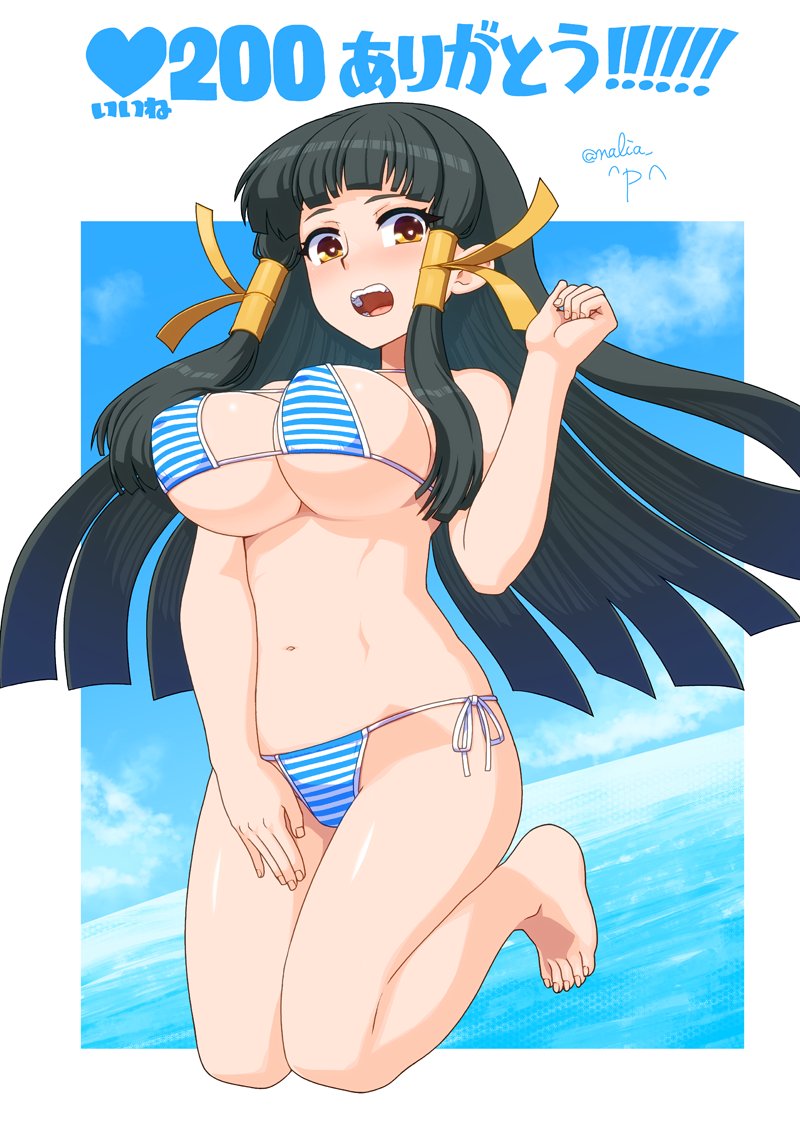 1girl arcana_heart arm_under_breasts arm_up barefoot beach bikini blush breasts brown_eyes clenched_hand feet heart heart-shaped_pupils highres jumping kasuga_maori large_breasts long_hair looking_at_viewer nalia navel ocean open_mouth solo swimsuit symbol-shaped_pupils teeth tongue very_long_hair water