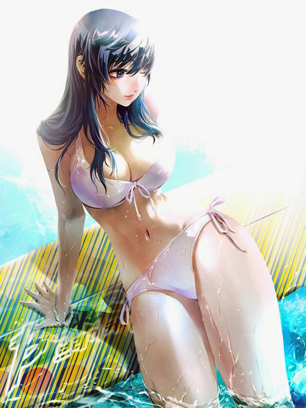 1girl bikini black_hair bracelet breasts cleavage curvy female_focus jewelry kang_sera large_breasts long_hair navel new_waves side-tie_bikini_bottom solo swimsuit wet wide_hips