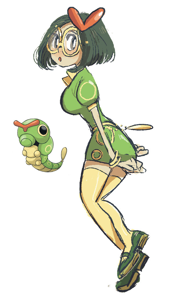 1girl black_hair bracelet caterpie creatures_(company) from_side full_body game_freak gen_1_pokemon green_shirt green_skirt grey_eyes hair_ornament jewelry looking_at_viewer nintendo personification pokemon pokemon_(creature) puffy_short_sleeves puffy_sleeves reference_inset shirt short_hair short_sleeves simple_background skirt tamtamdi thighhighs white_background yellow-framed_eyewear yellow_thighhighs