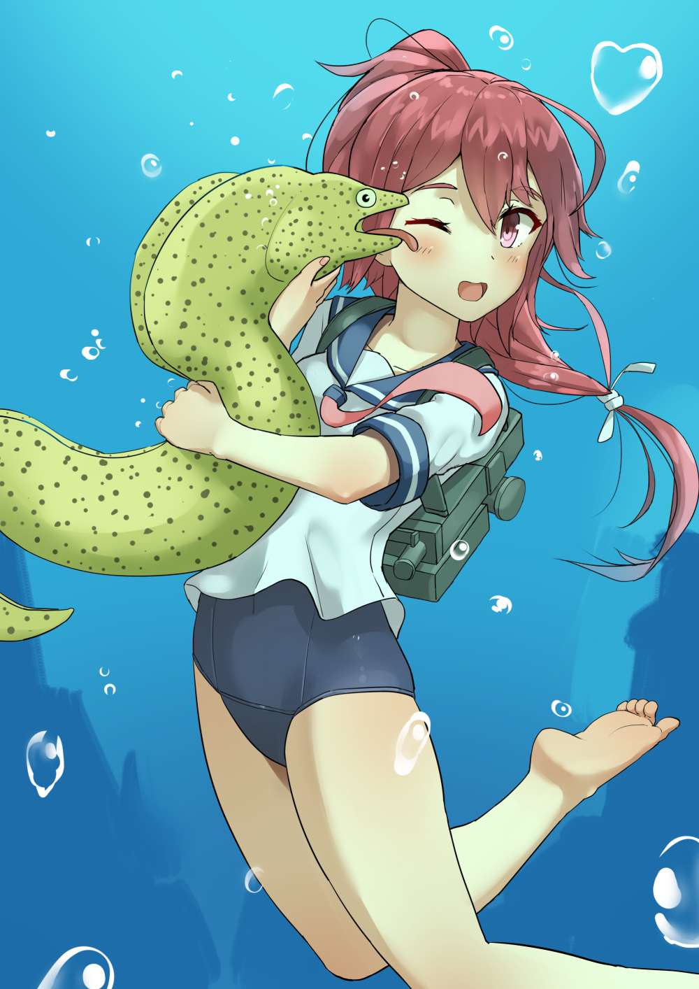 1girl air_bubble backpack bad_id bad_pixiv_id bag barefoot blue_one-piece_swimsuit blue_sailor_collar bubble eel hair_ribbon highres i-168_(kancolle) kantai_collection licking long_hair moray_eel one-piece_swimsuit osananajimi_neko pink_neckwear ponytail red_eyes red_hair ribbon sailor_collar school_swimsuit school_uniform serafuku swimsuit underwater