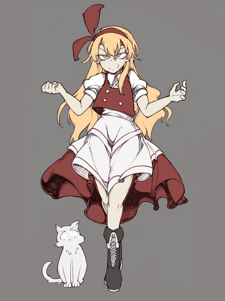 1boy 1girl apron bare_arms black_footwear blonde_hair bolos boots bow cat closed_mouth collared_shirt commentary cross-laced_footwear dot_nose ellen_(touhou) full_body green_eyes grey_background hair_between_eyes hair_bow hairband hands_up long_hair medium_skirt pointy_ears puffy_short_sleeves puffy_sleeves red_bow red_hairband red_skirt red_vest shirt short_sleeves simple_background single_sidelock skirt skirt_set smile smug sokrates_(touhou) solo tachi-e touhou touhou_(pc-98) very_long_hair vest waist_apron white_apron white_cat white_shirt