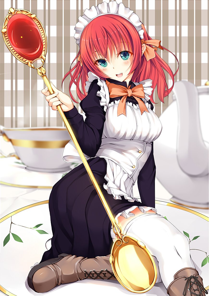 1girl blue_eyes blush boots cup dengeki_moeoh female_focus happy haraita headdress highres kasappi long_hair maid maid_headdress moe2015 original red_hair solo tea teacup teapot thighhighs