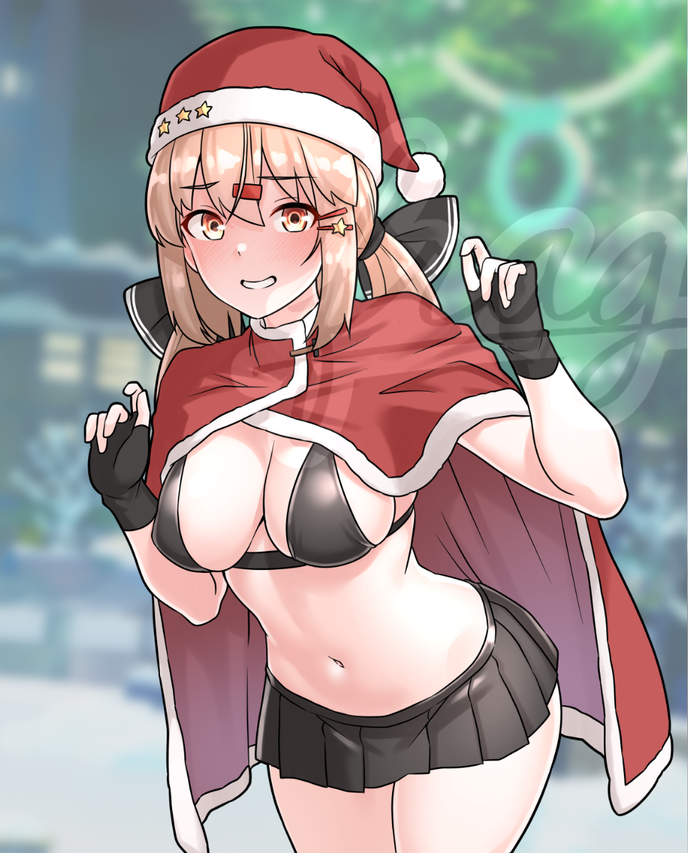 1girl bikini black_bikini black_bow black_skirt blurry blurry_background blush bow brown_eyes brown_hair cape christmas cowboy_shot fur-trimmed_headwear fur_trim furaggu_(frag_0416) gloves hair_between_eyes hair_bow hair_ornament hairclip hat highres kantai_collection long_hair low_twintails red_cape santa_costume santa_hat skirt smile solo swimsuit tashkent_(kancolle) twintails