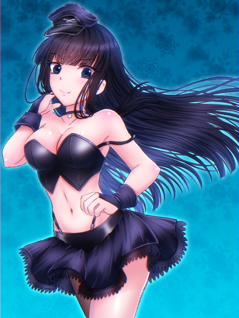 1girl aquaplus ass bare_shoulders black_hair blue_eyes breasts choker cleavage closed_mouth collarbone cowboy_shot crop_top fingerless_gloves frilled_skirt frills gloves hat large_breasts long_hair looking_at_viewer midriff minazuki_83 off_shoulder raised_eyebrows sidelocks skirt sleeveless smile solo standing thighs toned toned_female touma_kazusa very_long_hair white_album white_album_(series) white_album_2 wrist_cuffs