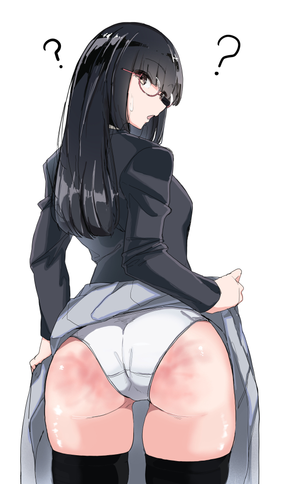 1girl ? ass black_shirt black_thighhighs blunt_bangs bruise clothes_lift glasses gluteal_fold injury lifting_own_clothes long_hair long_sleeves looking_at_viewer looking_back open_mouth original panties pleated_skirt shirabe_shiki shirt simple_background skirt skirt_lift slap_mark solo spanked standing thighhighs underwear white_background white_panties yellow_eyes