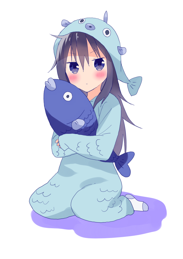 10s 1girl bodysuit female_focus fish_costume hair_down hijiki_(hijikini) himouto!_umaru-chan long_hair looking_at_viewer motoba_kirie purple_eyes purple_hair seiza simple_background sitting socks solo stuffed_animal stuffed_toy white_background