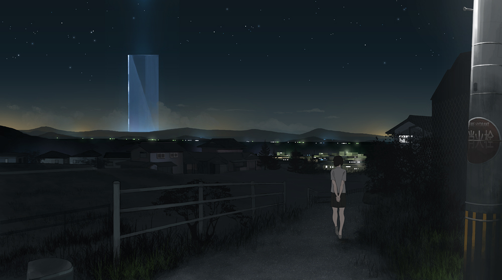 1girl arms_behind_back commentary dark female_focus fence grass hill horizon house lights night night_sky original scenery shiira short_hair skirt sky solo star_(sky) walking