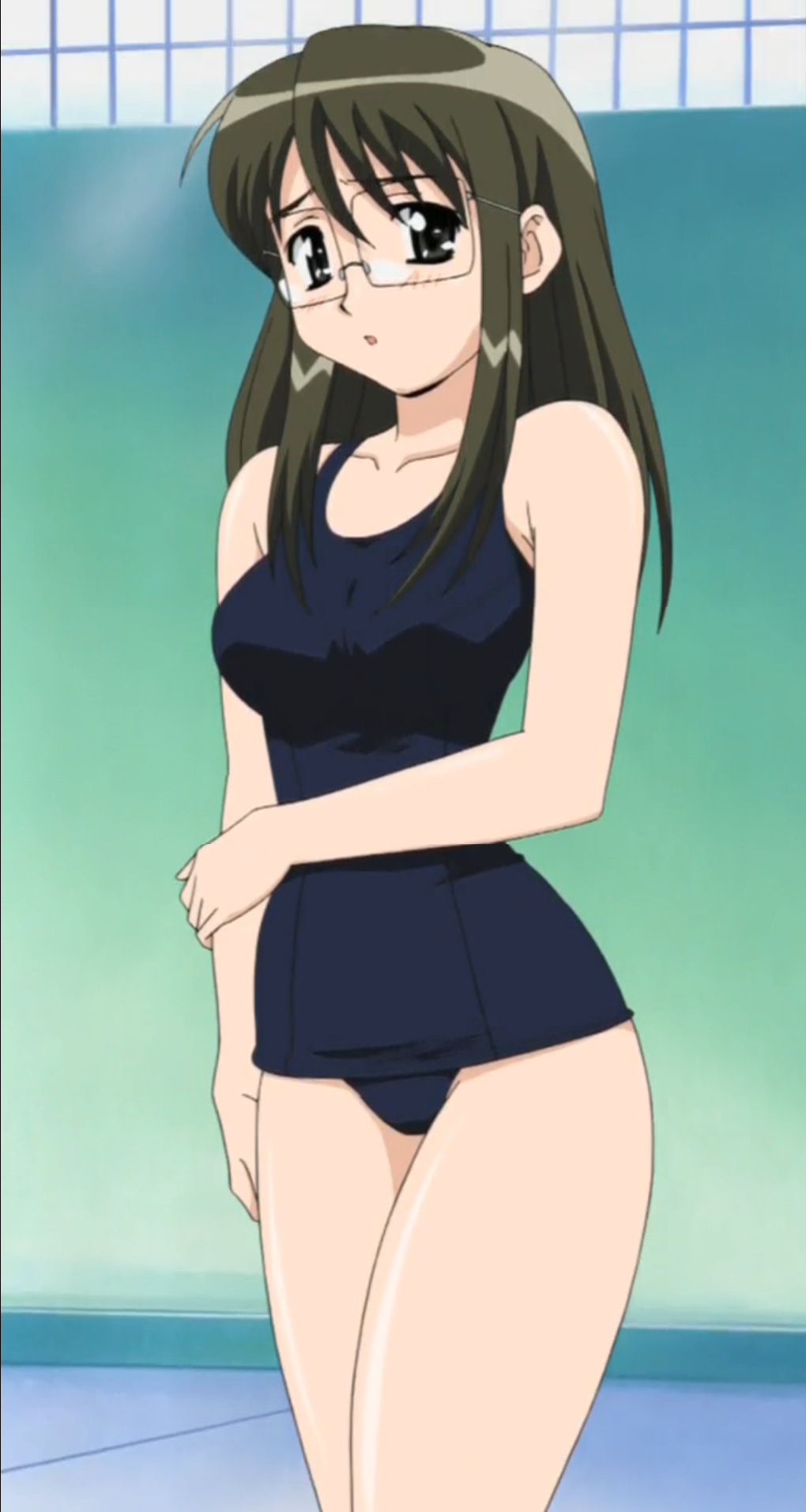 1girl bare_shoulders blush breasts collarbone dot_nose female_focus glasses highres indoors koi_koi_7 legs long_hair looking_at_viewer medium_breasts one-piece_swimsuit open_mouth school_swimsuit solo standing stitched swimsuit thighs third-party_edit yamada_isuzu