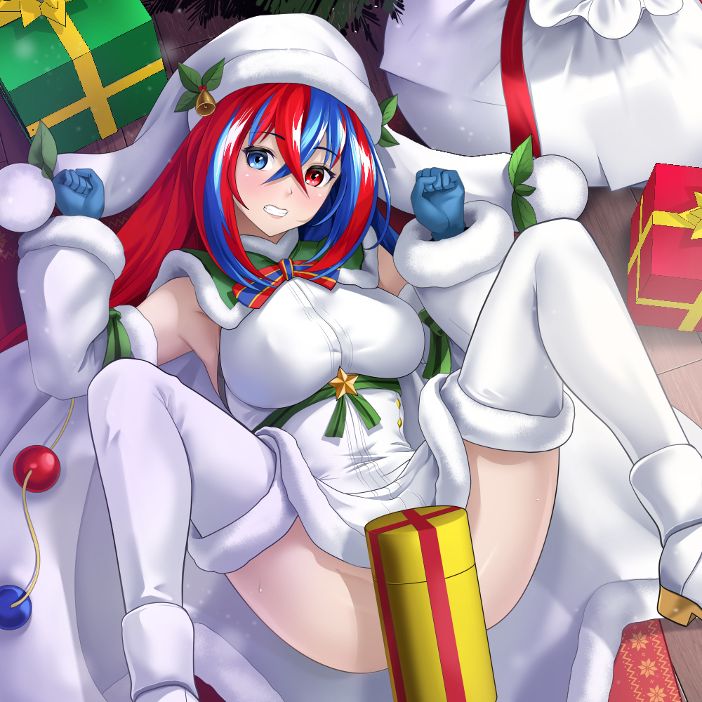 1girl alear_(female)_(fire_emblem) alear_(female)_(gifted_dragons)_(fire_emblem) alear_(fire_emblem) blue_eyes blue_gloves blue_hair box breasts christmas covered_erect_nipples crossed_bangs fire_emblem fire_emblem_engage fire_emblem_heroes fur-trimmed_headwear fur_trim gift gift_box gloves hair_between_eyes hat heterochromia large_breasts long_hair looking_at_viewer multicolored_hair nintendo official_alternate_costume red_eyes red_hair smile split-color_hair spread_legs thor_(deep_rising) two-tone_hair very_long_hair