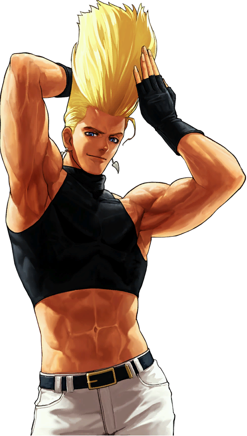 1boy abs armpits arms_up belt blonde_hair blue_eyes crop_top earrings fingerless_gloves gloves halterneck heart heart_earrings jewelry male_focus midriff muscular navel nikaido_benimaru nikaidou_benimaru official_art ogura_eisuke snk solo the_king_of_fighters the_king_of_fighters_xii transparent_background