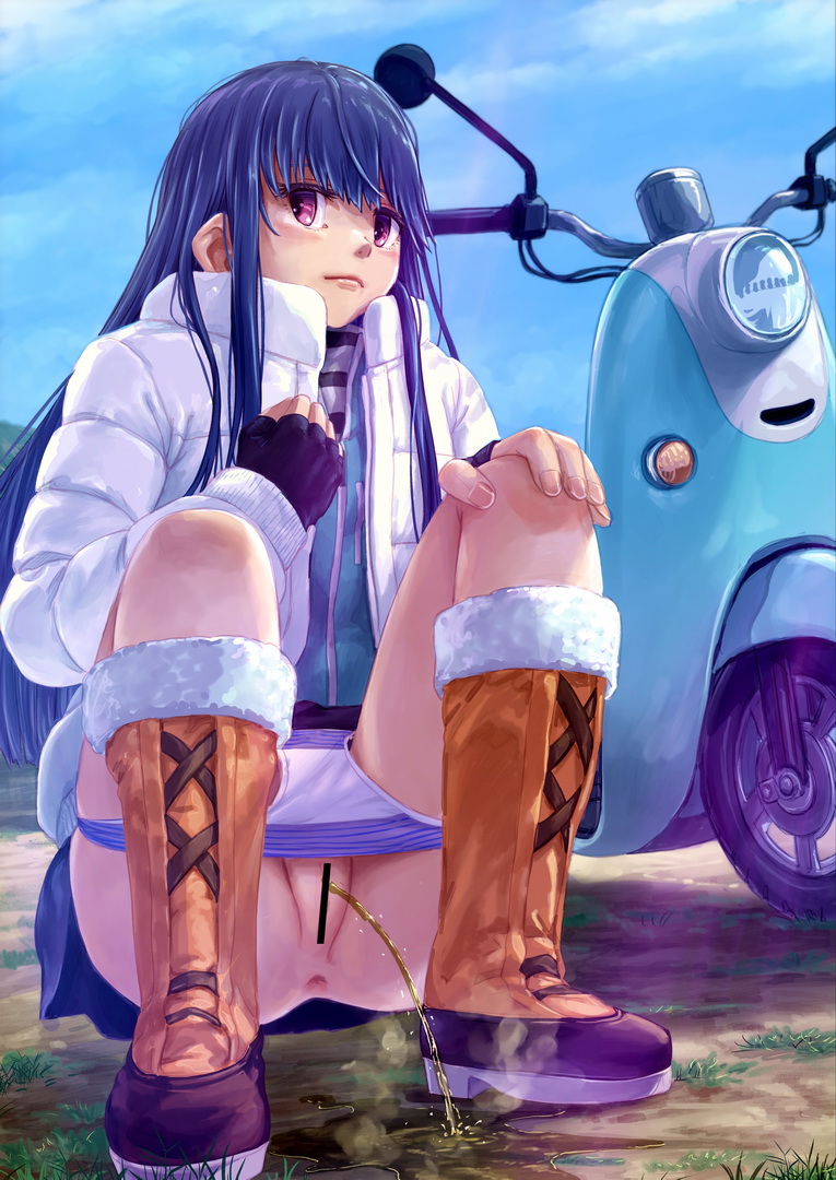 1girl anus bar_censor blue_hair censored fingerless_gloves gloves lunalu9 moped motor_vehicle outdoors panties panty_pull peeing puddle purple_eyes pussy shima_rin solo squatting steam underwear yurucamp