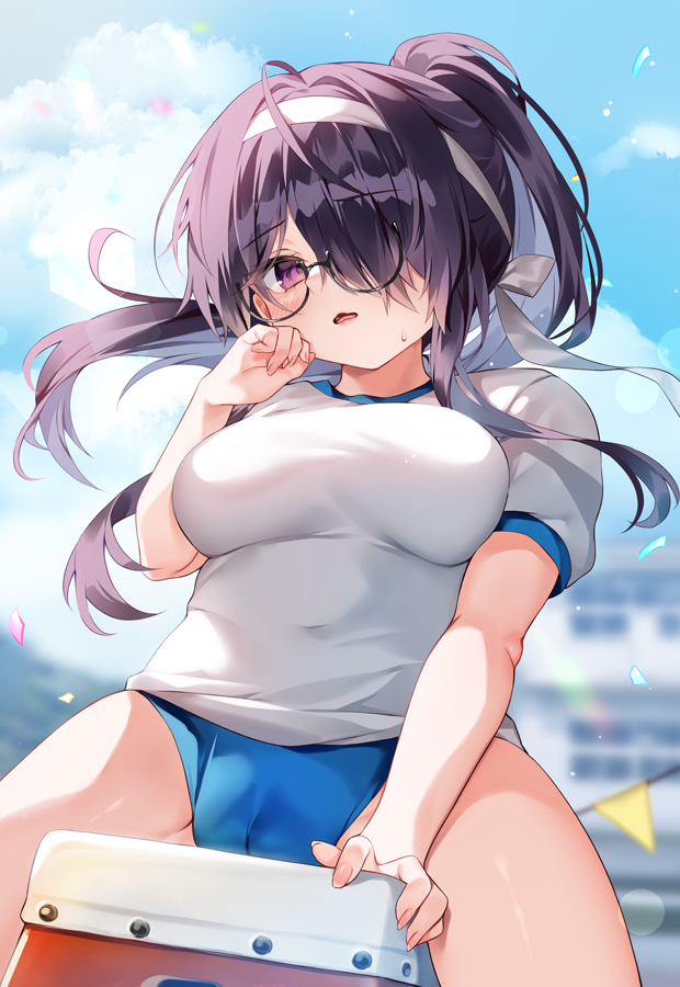 1girl black-framed_eyewear black_hair blue_buruma blue_sky blurry blurry_background blush breasts buruma cameltoe chihiro_(khorosho) cloud commentary_request covered_navel day depth_of_field glass gym_shirt gym_uniform hair_over_one_eye hand_up large_breasts lensless_glasses original outdoors parted_lips ponytail puffy_short_sleeves puffy_sleeves purple_eyes semi-rimless_eyewear shirt short_sleeves sky solo straddling sweat under-rim_eyewear vaulting_horse white_shirt