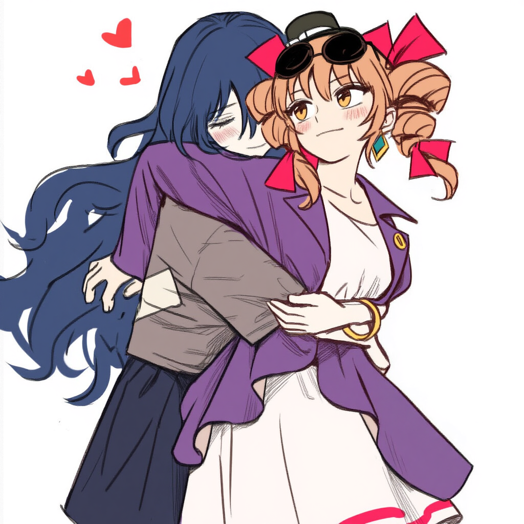 2girls black_skirt blue_hair blush brown_eyes brown_hair brown_shirt closed_eyes closed_mouth commentary dress drill_hair earrings eyewear_on_head hair_ribbon heart hug hug_from_behind jacket jewelry long_hair long_sleeves multiple_girls purple_jacket red_ribbon ribbon shirt simple_background skirt smile sunglasses touhou twin_drills white_background white_dress yorigami_jo&#039;on yorigami_shion yorigamiyuri yuri